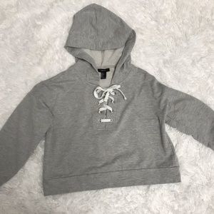 cropped gray lace up hoodie